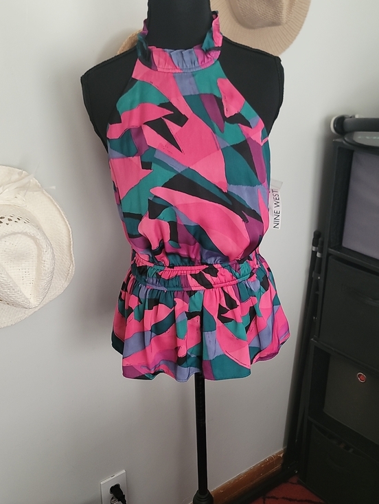 Nine West Tops - Nine West Pink & Teal Halter Ruffled Waist Top-NWT